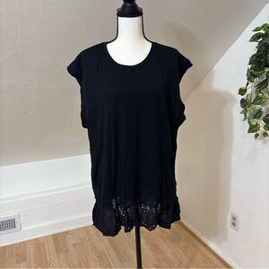 Anthropologie Black Relaxed Fit T-Shirt Ruffle Eyelet Hemline Minimalist Sz XL